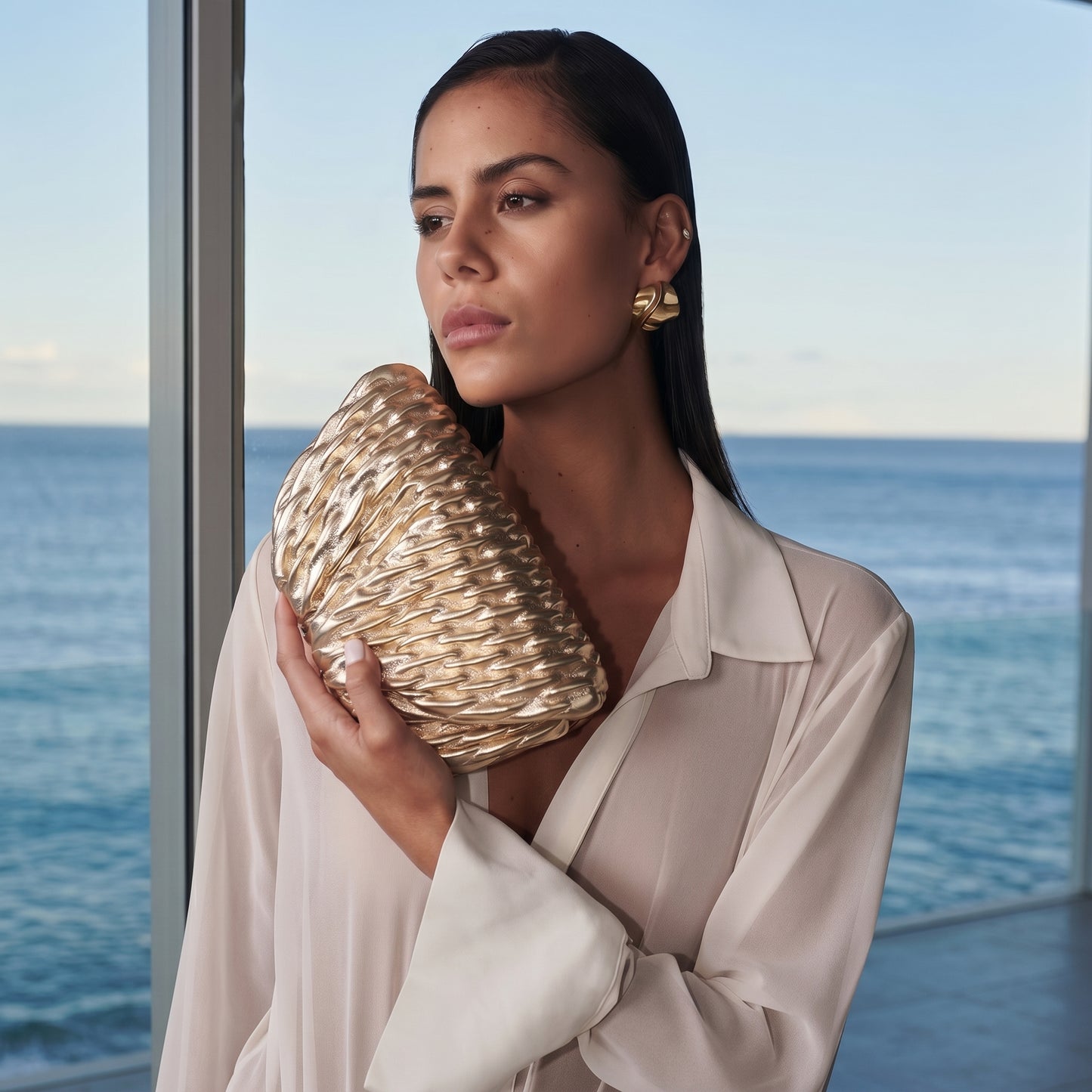 Woman holding a gold clutch with ocean view