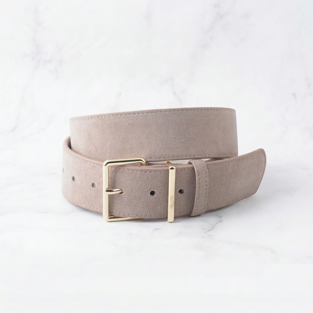 Beige belt with a gold buckle on a light gray background