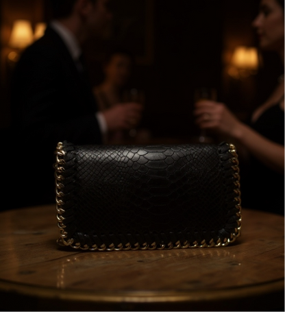 The Milano Chain Clutch Genuine Italian Leather - Black Croc