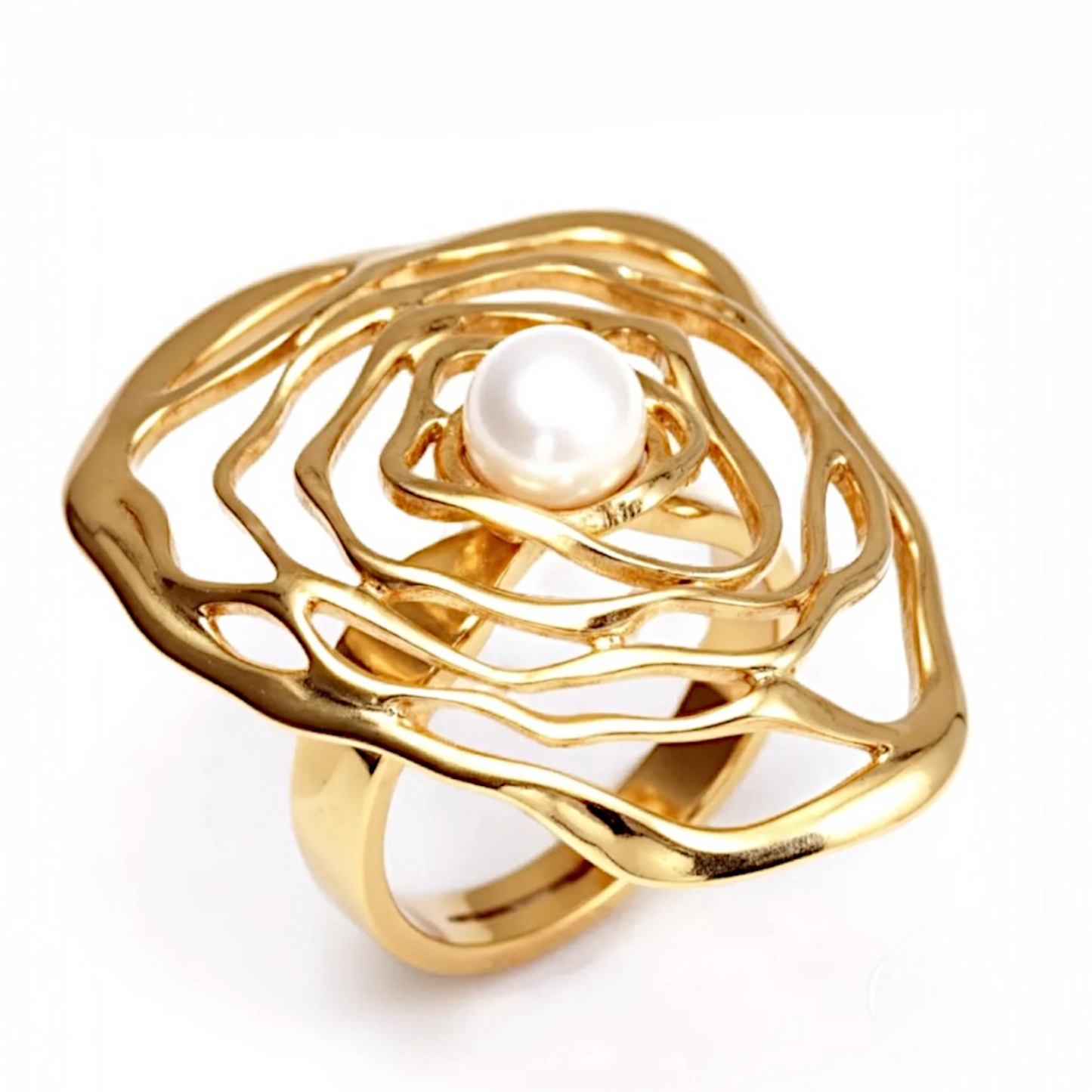 Gold ring with a pearl on a white background