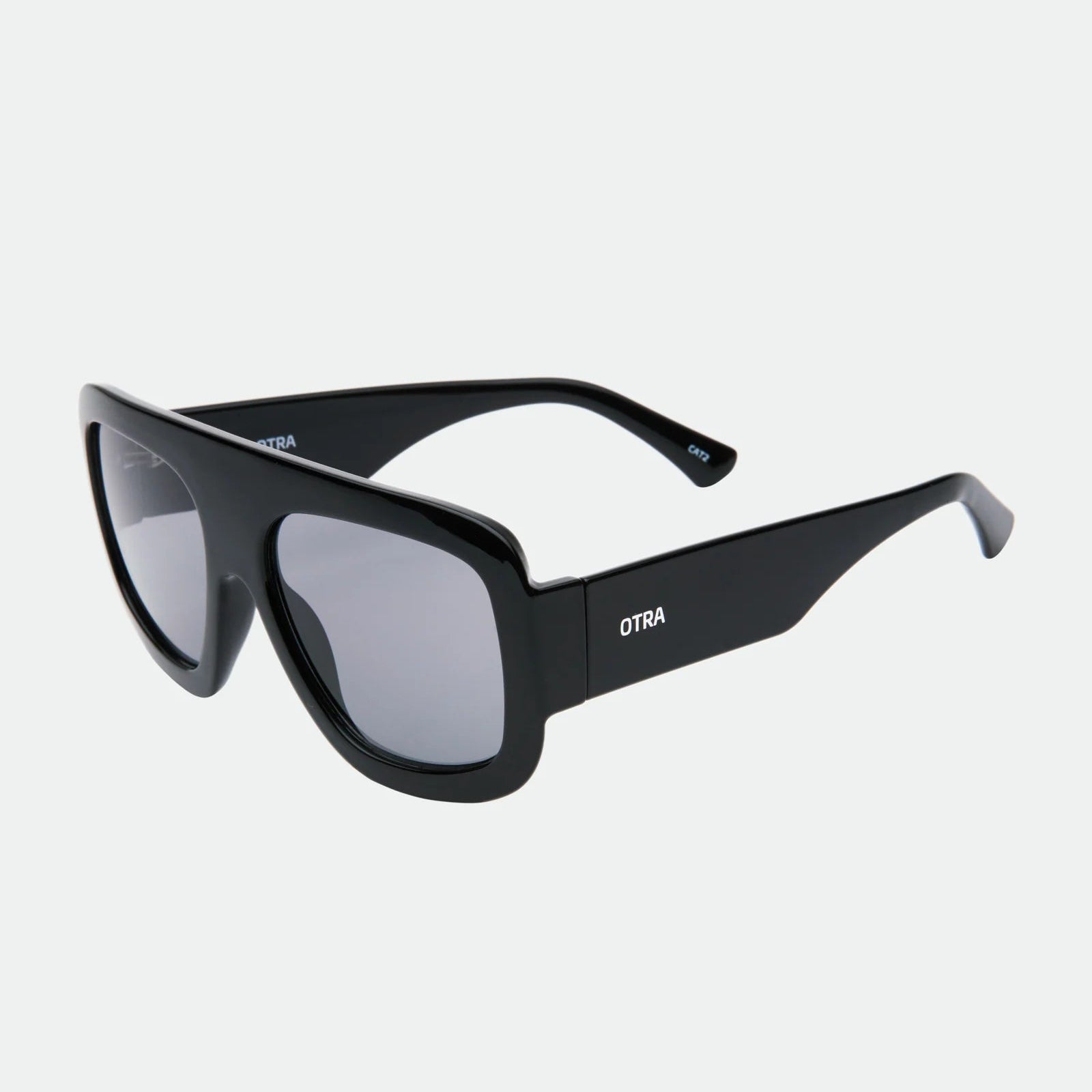 Black sunglasses with a brand logo on a white background