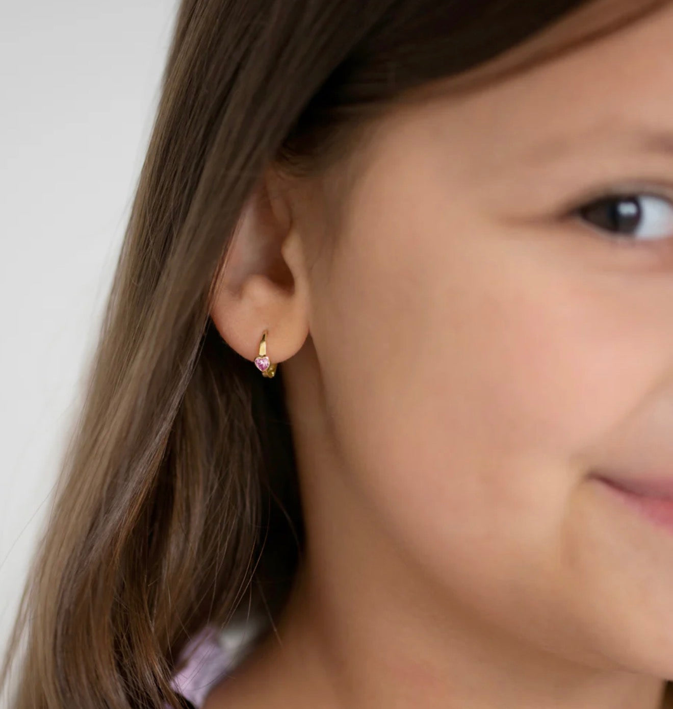 14k Gold Pink Heart Girls Hoop Earrings