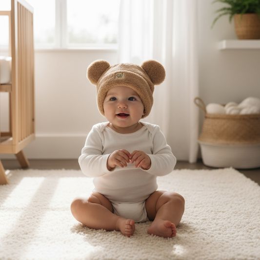 Baby wearing a bear hat sitting on a rug in a bright nursery.