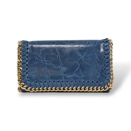 Blue textured wallet with gold chain detail on a white background