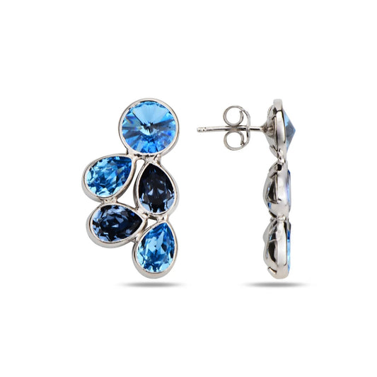 Silver earrings with blue crystals on a white background
Material: Sterling Silver, Rhodium Plated, Swarovski Crystals

Color: Silver and blue

Measurement: 5 cm thickness, 2.5 cm length, 1.5 cm width