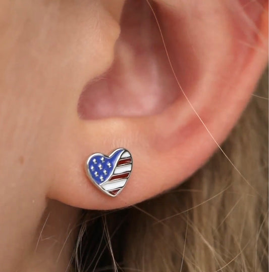 Patriotic Heart Sterling Silver Screw Back Earrings