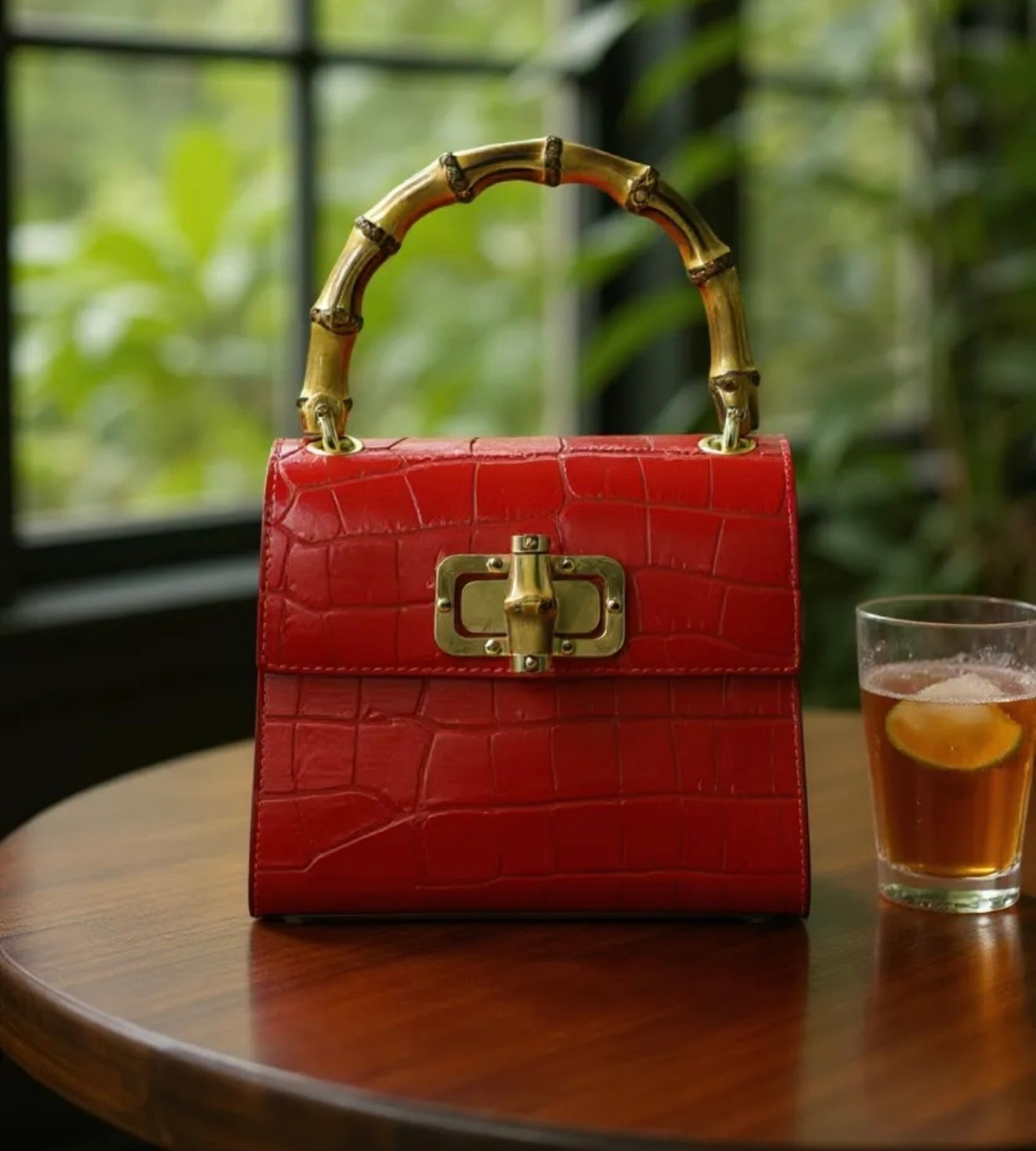 Aria Handbag Genuine Italian Leather Bamboo Handle and Crossbody Bag - Assorted Colors