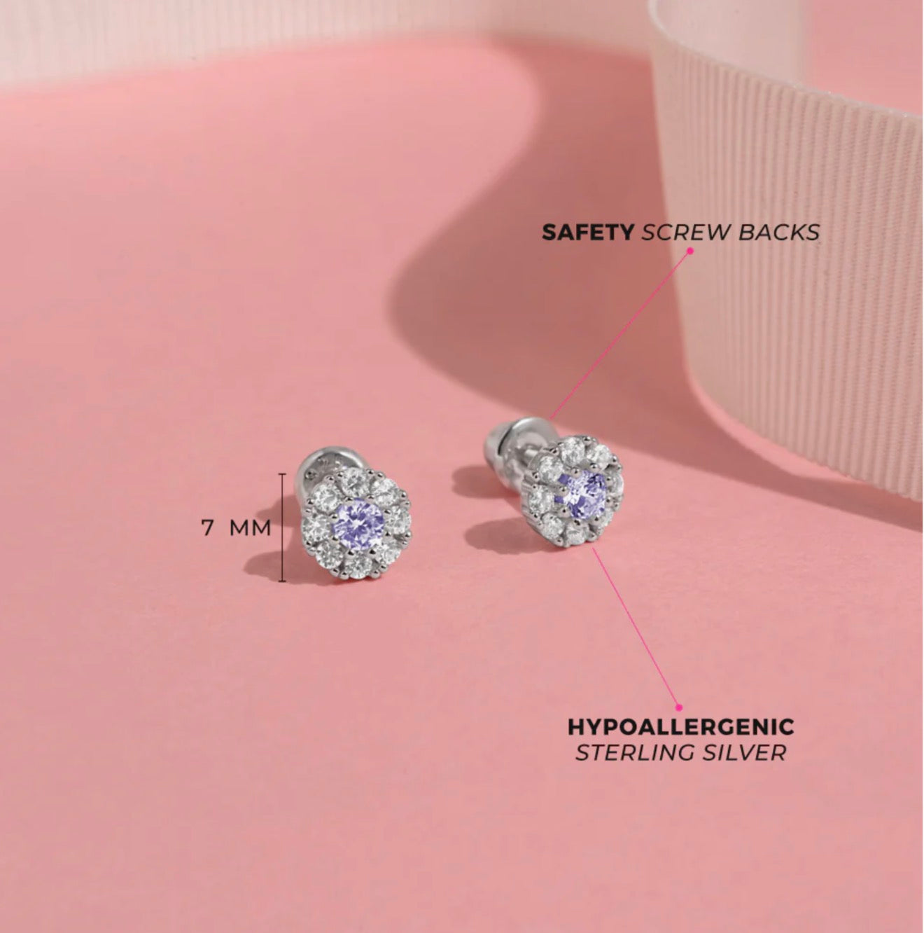 Purple CZ Encircling Solitaire Sterling Silver Screw Back Earrings