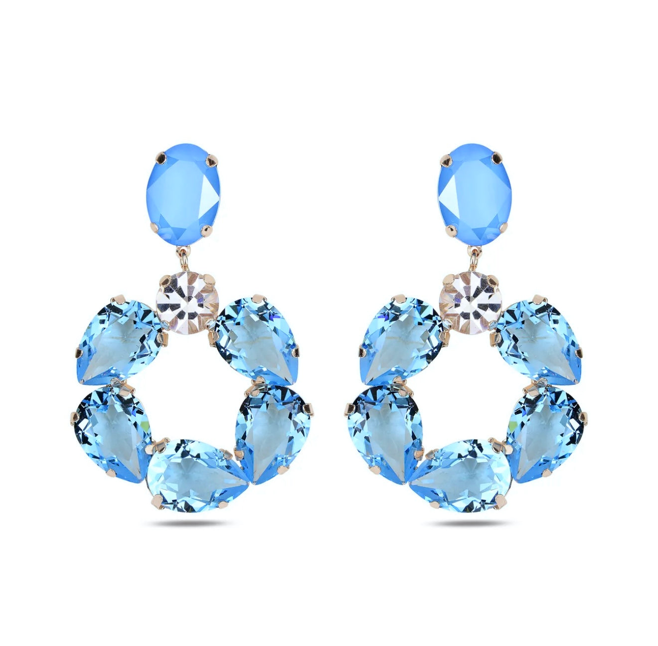 Maestro Italy Pera Hoop Earrings Sterling Silver, Rhodium Plated with Aquamarine Swarovski Crystals