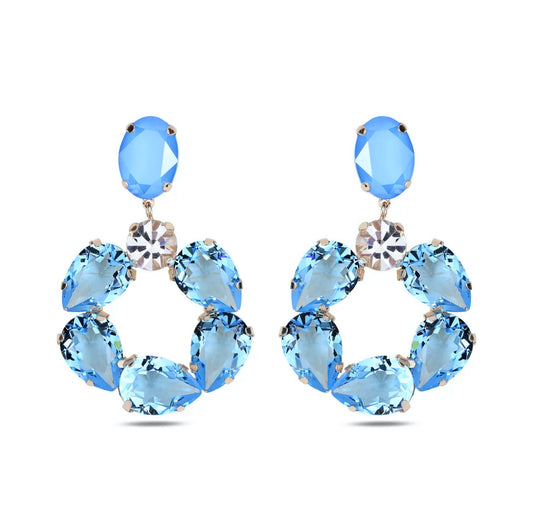 Maestro Italy Pera Hoop Earrings Sterling Silver, Rhodium Plated with Aquamarine Swarovski Crystals
