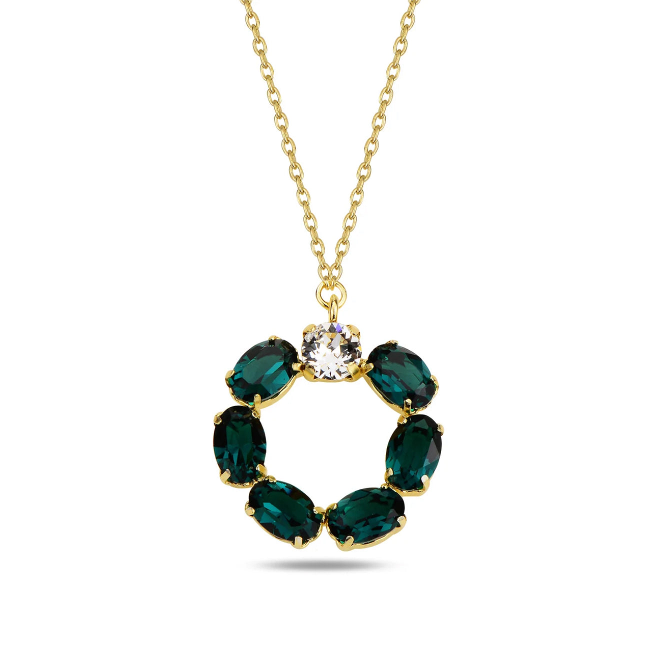 Gold necklace with green swarovski crystals pendant on a white background