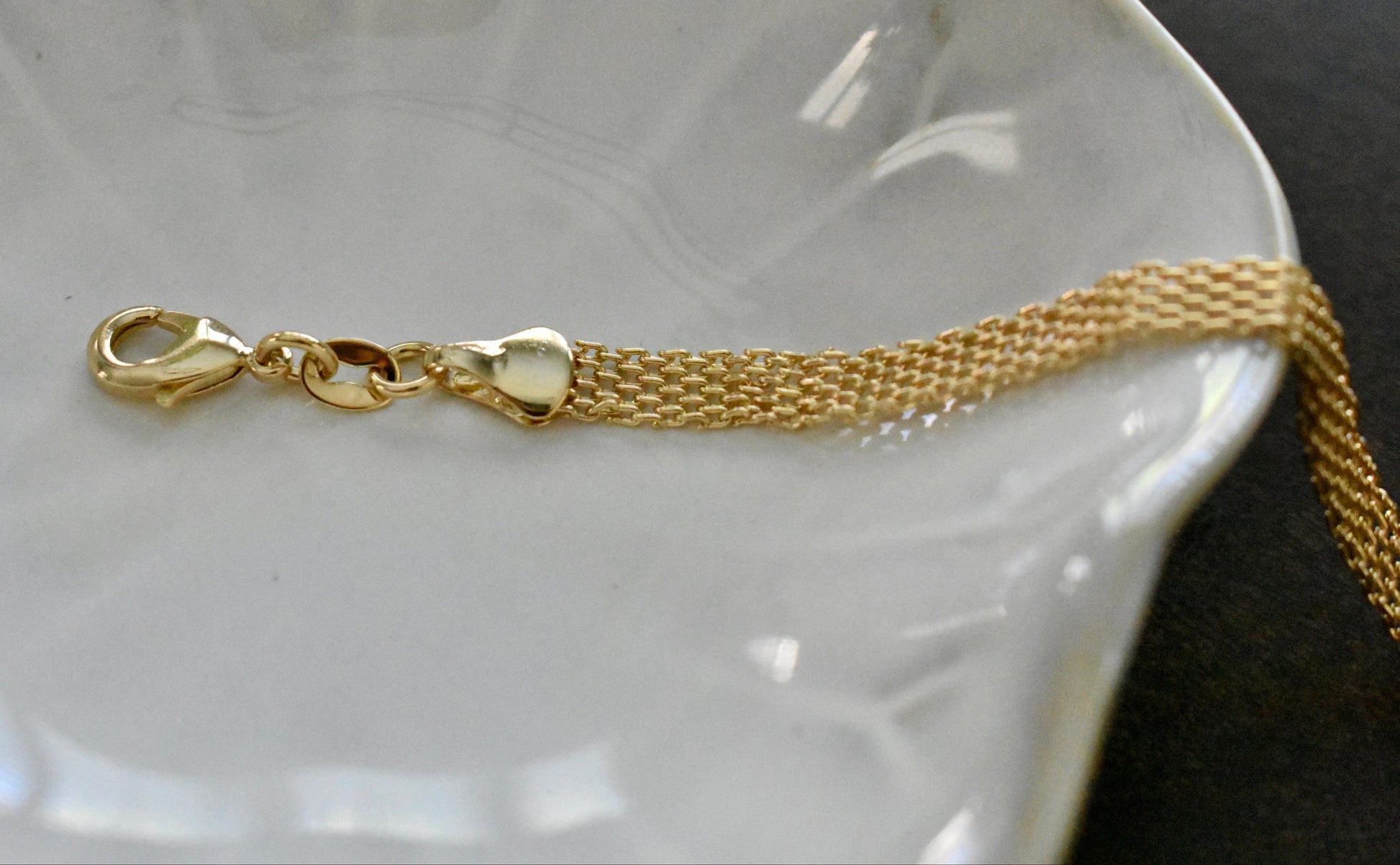 Gold bracelet with clasp on a white dish