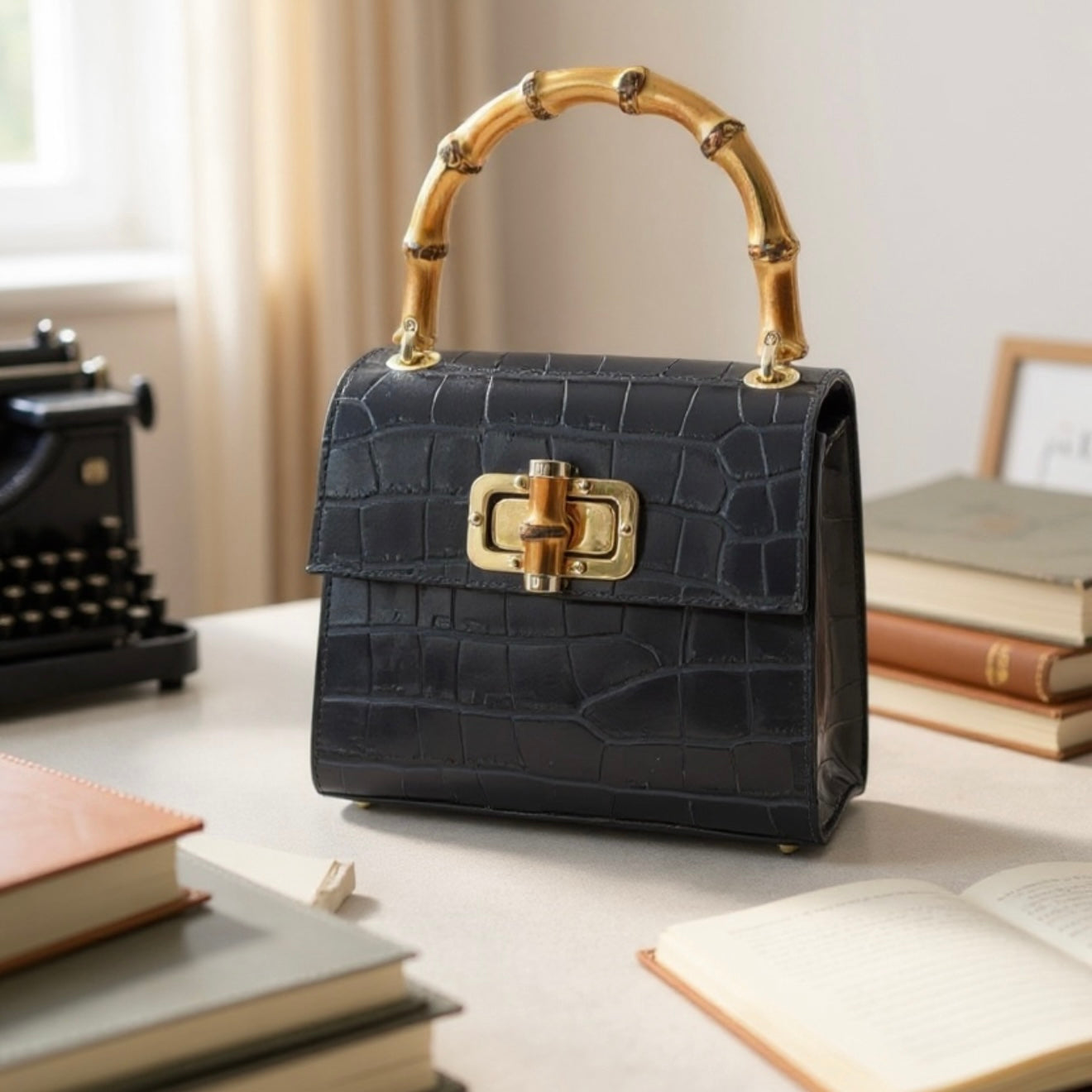 Black crocodile skin handbag with gold bamboo handle on a surface with books and a typewriter.