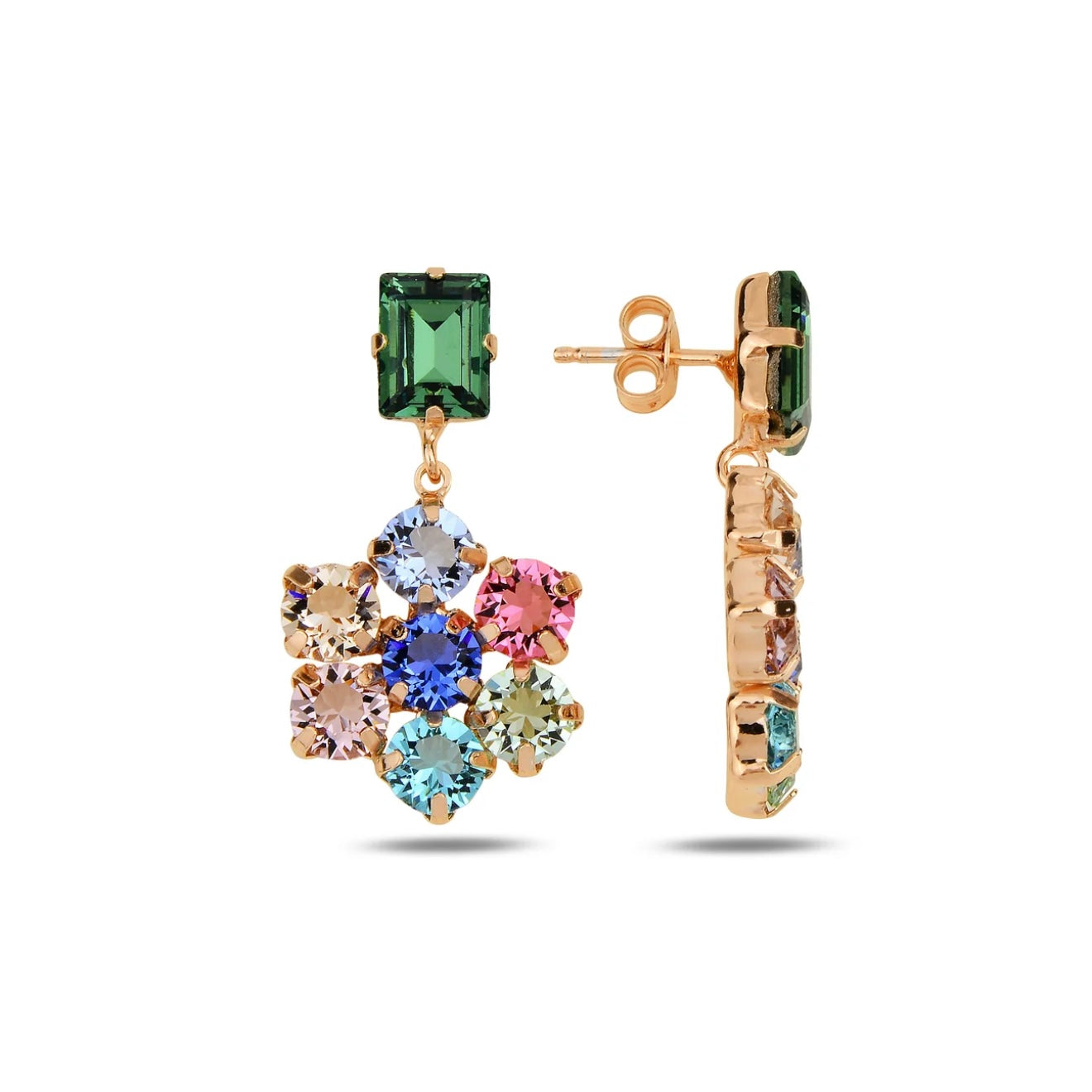 Multicolored gemstone earrings on a white background
Material: Sterling Silver, Rose Gold Plated, multi-colored Swarovski Crystals

Color: sterling silver, yellow gold, pink, blue, green, purple

Measurement: 3 mm thickness, 2.5 cm length, 1.5 cm width