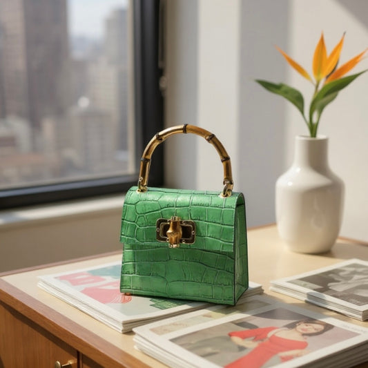 Green handbag with gold accents on a table with a cityscape view