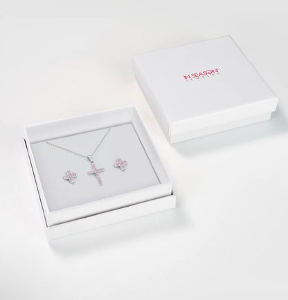 Shiny Pink CZ Cross Girls Jewelry Set