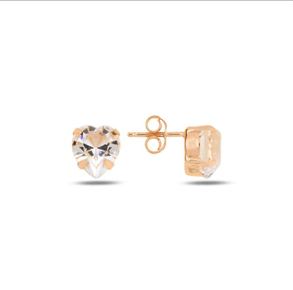 Heart-shaped crystal earrings with rose gold posts on a white background