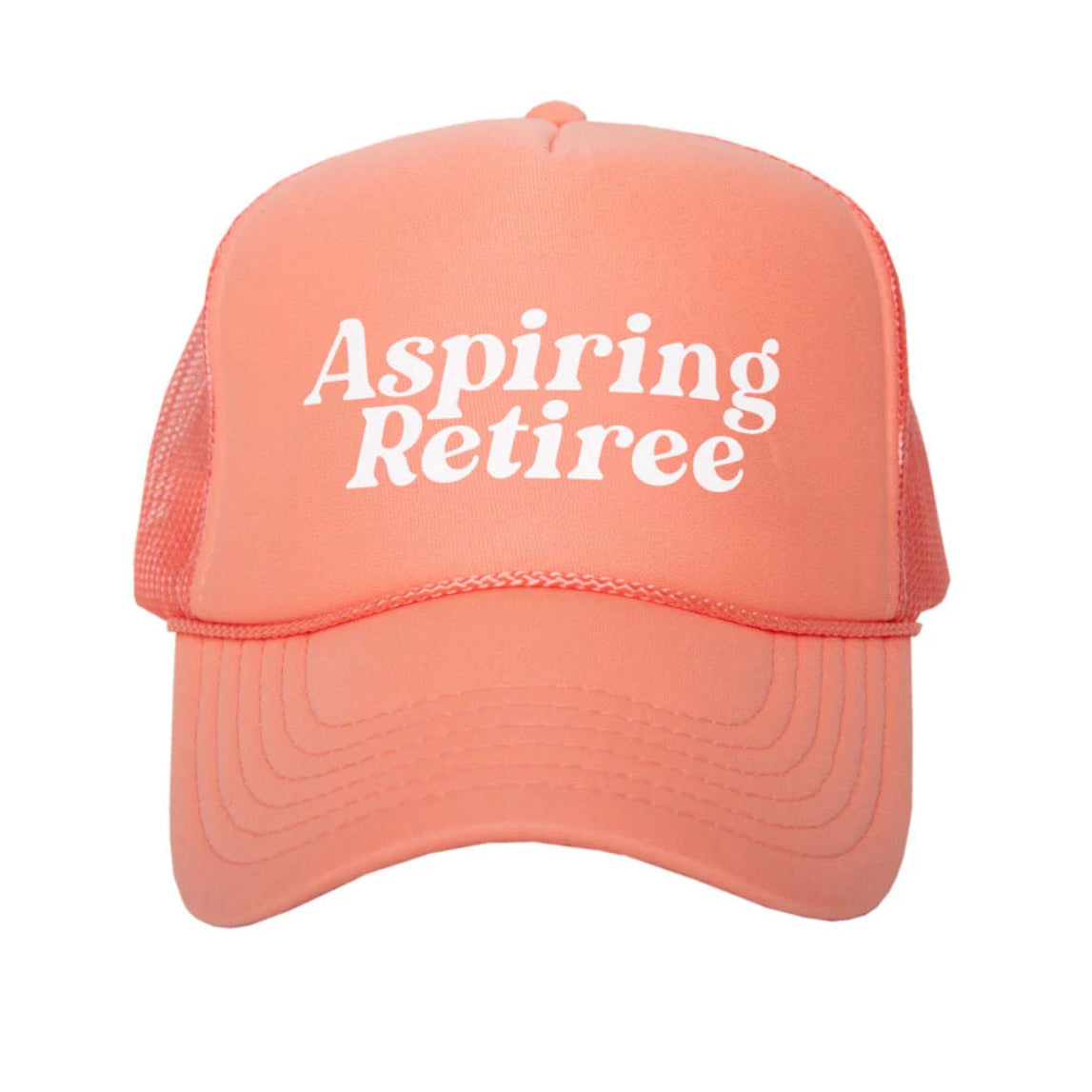 coral colored cap with 'Aspiring Retiree' text on a white background