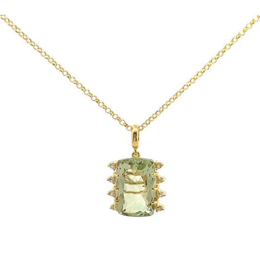 Gold necklace with a green gemstone pendant on a white background
18K Gold plated over 925 Silver - 3.5 grs
Antique cut Prasiolite - 10.6 cts
11 White Topaz round 1.0 mm diamond cut