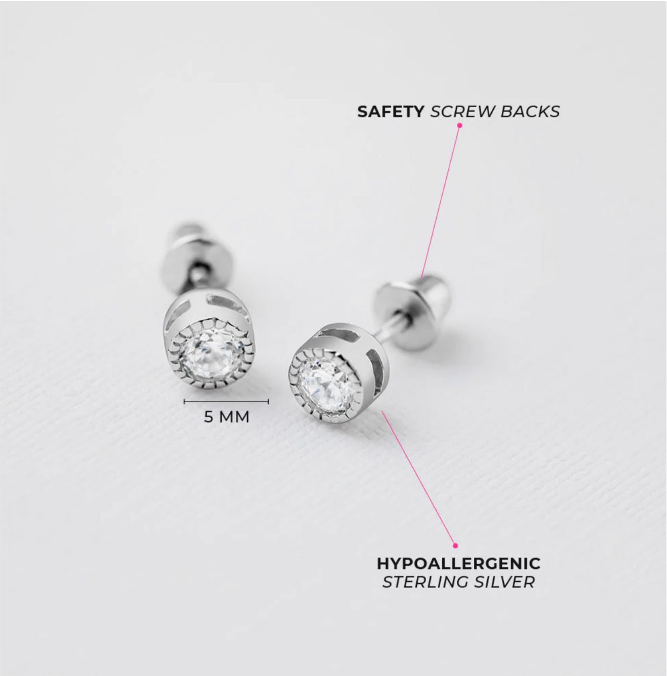 Sterling Silver Trim Bezel Round CZ 5mm Screw Back Earrings