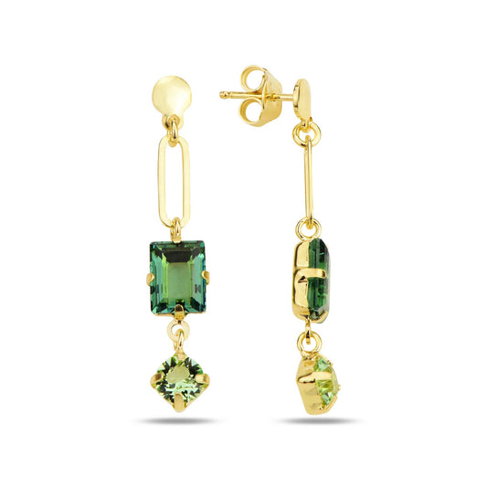 Gold earrings with green swarovski crystals on a white background