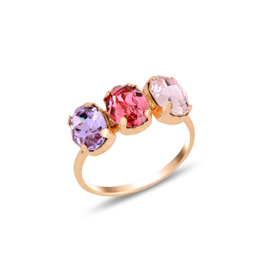 Gold ring with three colorful gemstones on a white background
Material: sterling silver, rose gold plated, translucent purple, pink and light pink

Color: rose gold translucent purple, pink and light pink

Ring type: 3 stone band

Size: adjustable from size 6 to size 8