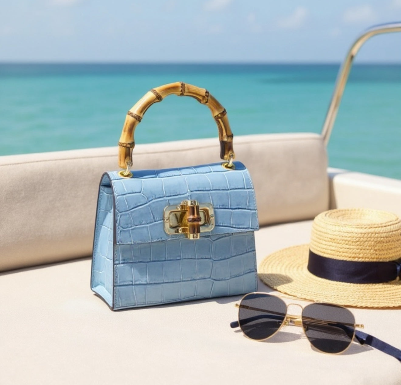 Blue handbag with gold accents, sunglasses, and straw hat on a boat with ocean view