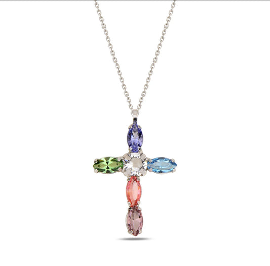 Necklace with a cross pendant featuring multicolored crystals on a white background
