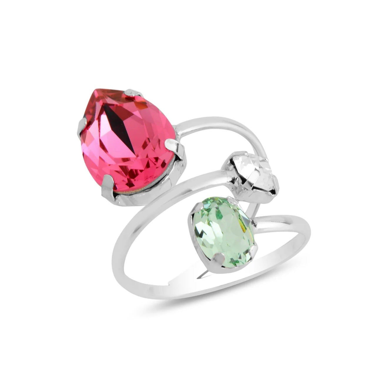 Silver ring with pink and green gemstones on a white background
Material: sterling silver, rhodium plated, bright pink, white and light green Swarovski crystals

Color: silver, bright pink, white and light green

Ring type: statement

Size: 7.5