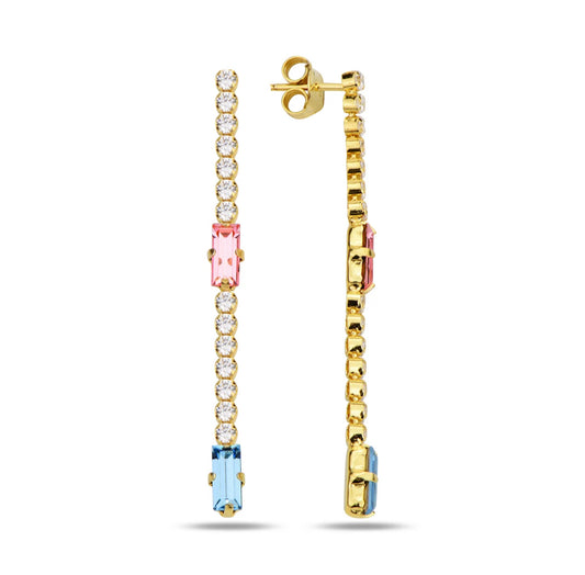 Gold earrings with pink and blue gemstones on a white background