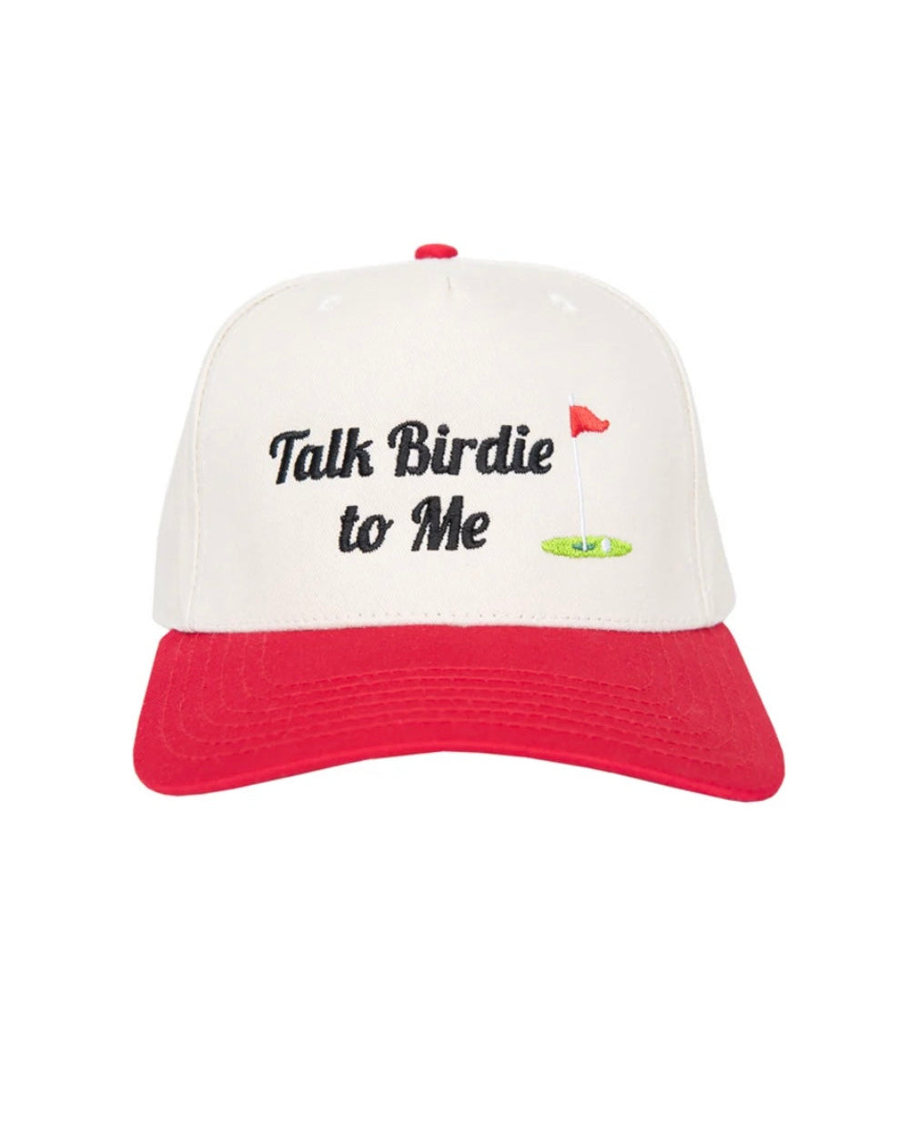A baseball cap with an off-white crown and a red curved brim. The front of the cap features the embroidered text 'Talk Birdie to Me' in black script, accompanied by a small red flag and green putting green graphic.