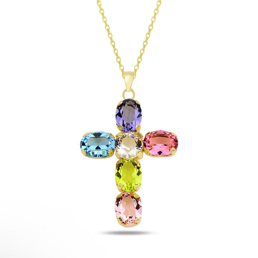 Cross-shaped necklace with multicolored swarovski crystals on a white background