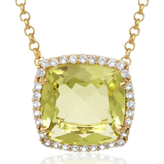 Gold necklace with a large yellow gemstone and smaller diamonds on a white background
18K Yellow Gold Vermeil over 925 Silver - 3.7 grs
Cushion cut Lemon Citrine - 12mm cushion gemstone w/ 5.6 cts
32 White Topaz round 1.0 mm diamond cut