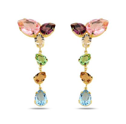 Multicolored gemstone earrings on a white background
Material: Sterling Silver, Gold Plated, Swarovski Crystals

Color: gold, light pink and white, light blue, pink, purple, white, and green

Measurement: .5 cm thickness, 2" length, 2.5 cm width