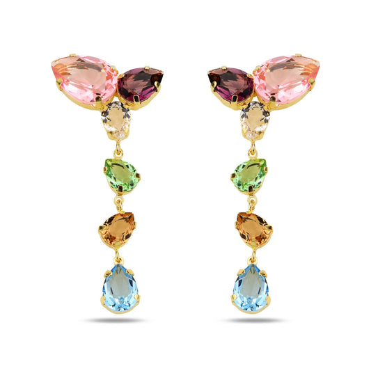 Multicolored gemstone earrings on a white background
Material: Sterling Silver, Gold Plated, Swarovski Crystals

Color: gold, light pink and white, light blue, pink, purple, white, and green

Measurement: .5 cm thickness, 2" length, 2.5 cm width