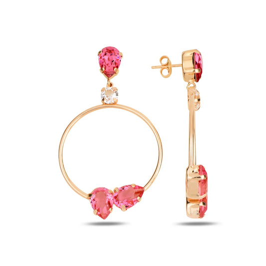 Gold hoop earrings with pink crystals on a white background
Material: Sterling Silver, Rose Gold Plated, Swarovski Crystals

Color: sterling silver, rose gold, white, and pink&nbsp;

Measurement: 1 mm thickness, 5 cm length, 3 cm width
