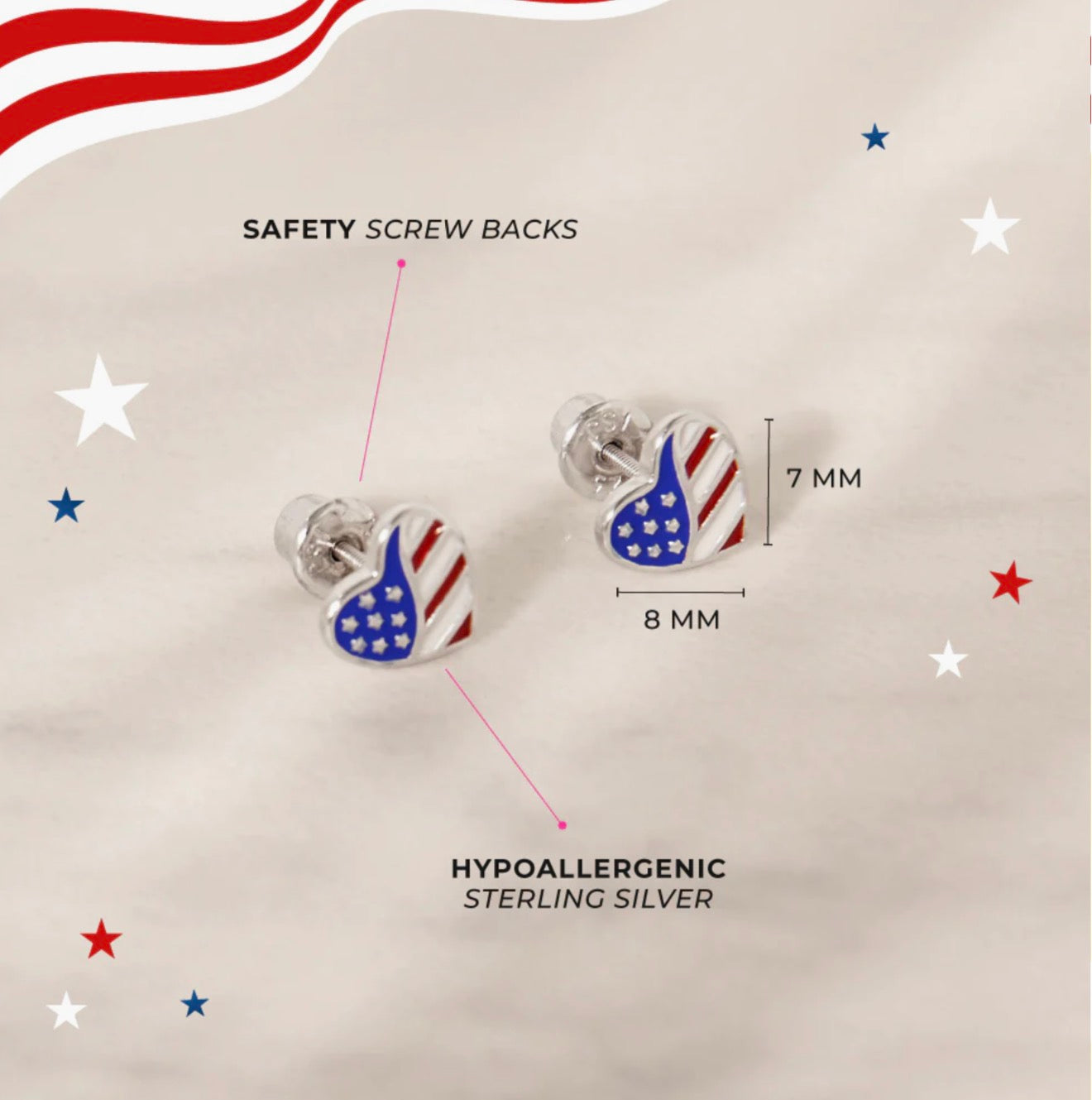 Patriotic Heart Sterling Silver Screw Back Earrings
