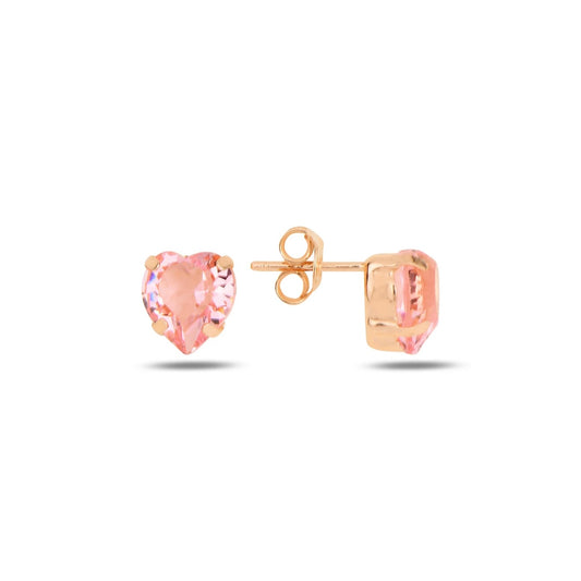 Heart-shaped pink gemstone earrings with rose gold posts on a white background