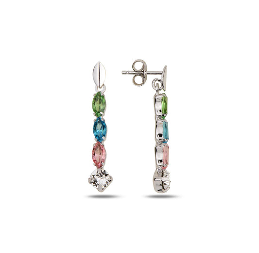 Pair of earrings with multicolored gemstones on a white background