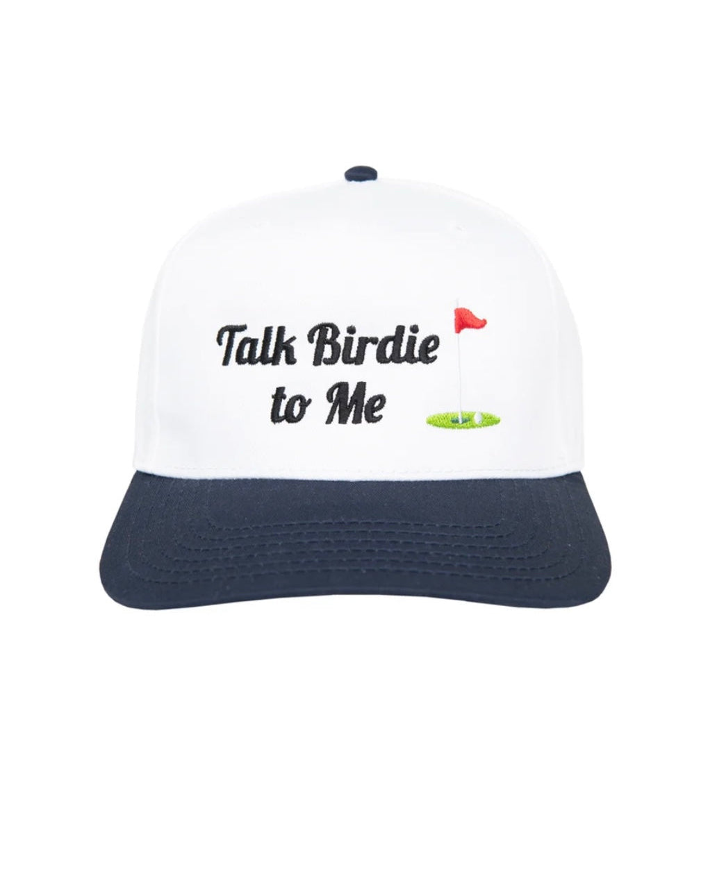 A white and navy blue baseball cap with a golf-themed graphic on the front that reads 'Talk Birdie to Me' alongside a small red flag and green putting green illustration.