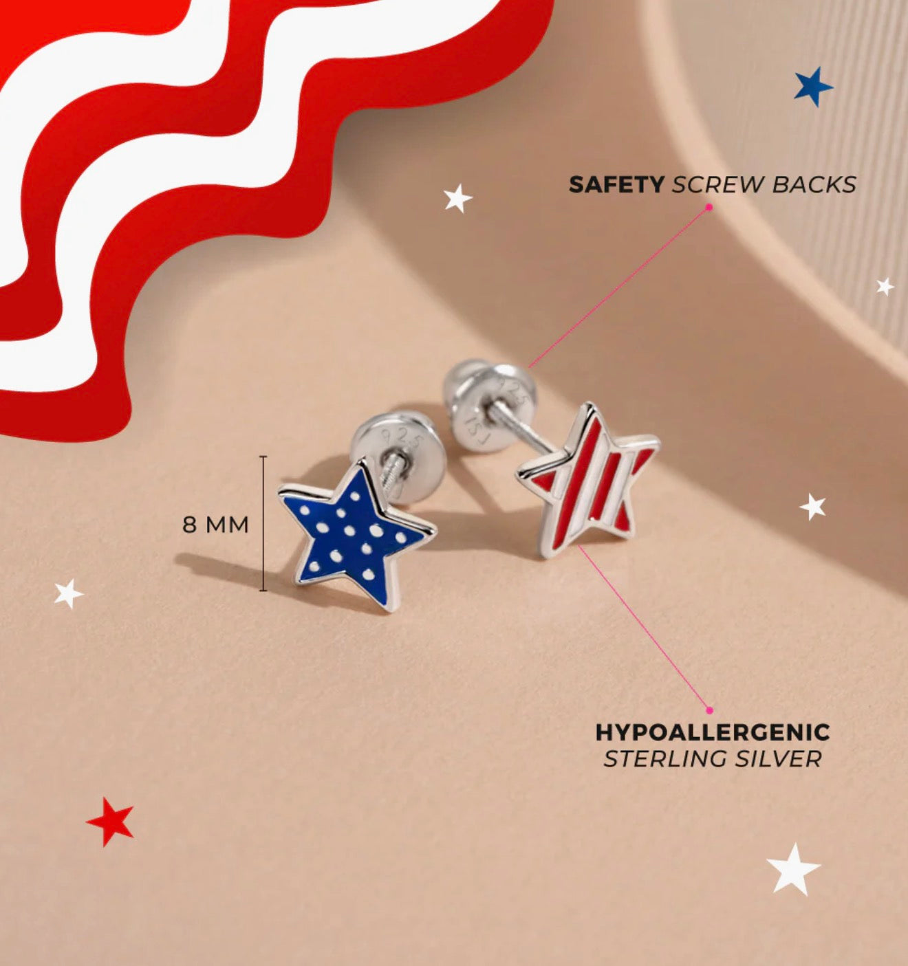 Patriotic Star Sterling Silver Screw Back Earrings