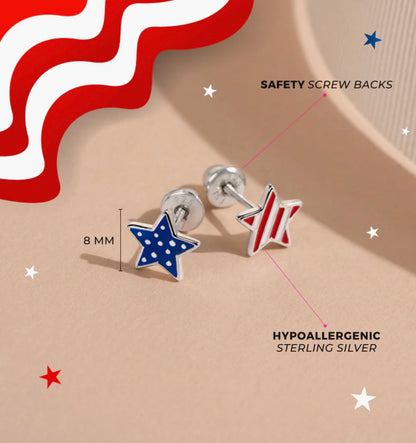Patriotic Star Sterling Silver Screw Back Earrings