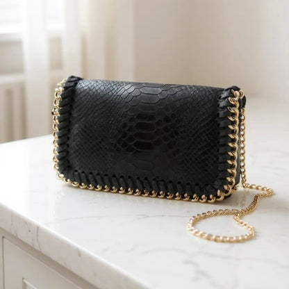 The Milano Chain Clutch Genuine Italian Leather - Black Croc