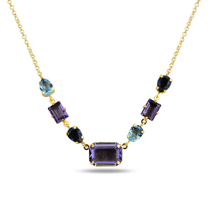 Necklace with multicolored gemstones on a white background
Material: 925 sterling silver, Rhodium plated, red circle Swarovski crystals&nbsp;

Color: gold, purple, light blue, and navy blue&nbsp;

Closure: lobster (fancy)

Measurement: 14" length, 1" extension, 1 cm wide&nbsp;
