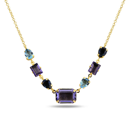 Necklace with multicolored gemstones on a white background
Material: 925 sterling silver, Rhodium plated, red circle Swarovski crystals&nbsp;

Color: gold, purple, light blue, and navy blue&nbsp;

Closure: lobster (fancy)

Measurement: 14" length, 1" extension, 1 cm wide&nbsp;