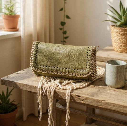 Woven clutch bag on a wooden surface with plants and a mug in the background