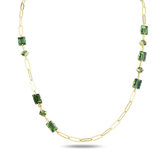 Gold necklace with green crystals on a white background
Material: 925 sterling silver, gold-plated, rectangle- cut and round-cut green Swarovski crystals&nbsp;
Color: gold, green&nbsp;
Measurement: 20" length, 6 mm wide chain