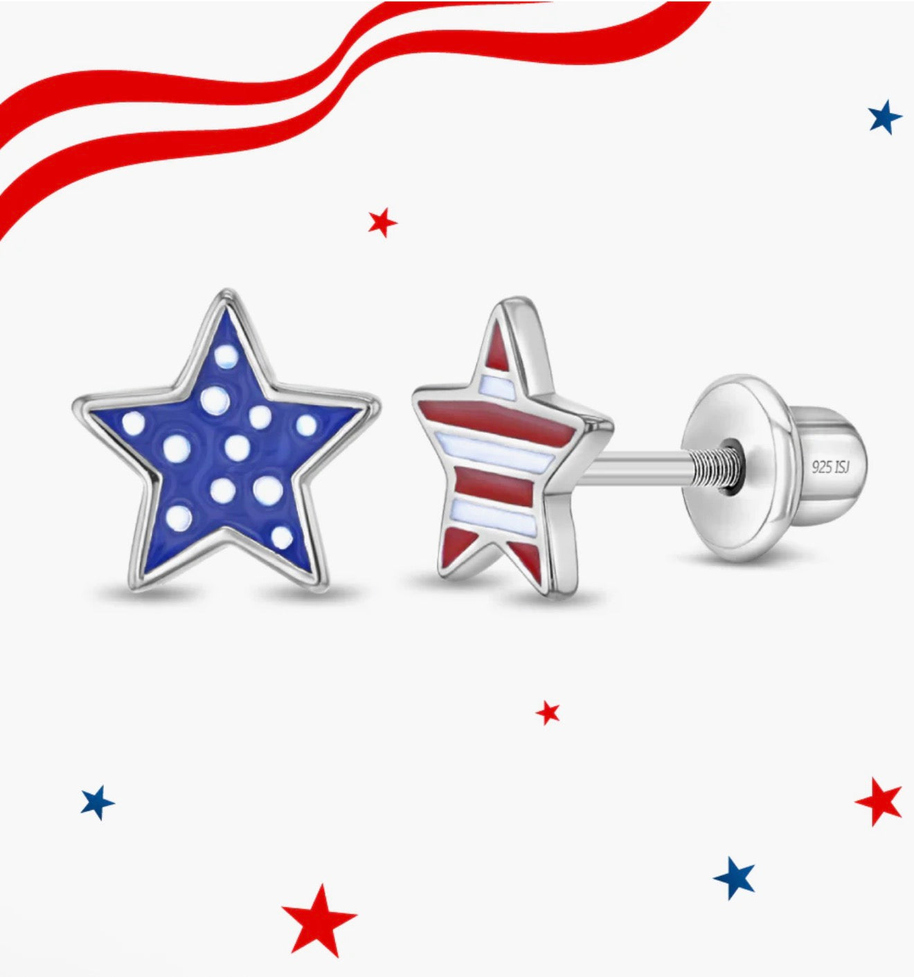 Patriotic Star Sterling Silver Screw Back Earrings