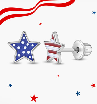 Patriotic Star Sterling Silver Screw Back Earrings