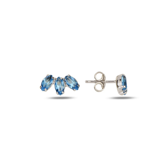 Pair of blue crystal earrings on a white background
Material: Sterling Silver, Rhodium Plated, Swarovski Crystals

Color: Silver and blue

Measurement: 3 mm thickness, 5 mm length, 10 mm width

Closure: &nbsp;Post back&nbsp;